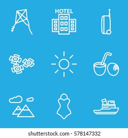 Summer icon. Set of 9 Summer outline icons such as sun, drink coconut, hotel, mountain, swimsuit, suitcase, flower, kite