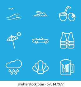 Summer icon. Set of 9 Summer outline icons such as drink coconut, umbrella, rain, swimmer, life vest, sea and gull, shell, car