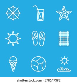 Summer icon. Set of 9 Summer outline icons such as hotel, cocktail, starfish, ice cream, man laying in sun, jalousie, flip flops, umbrella