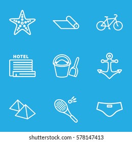 Summer icon. Set of 9 Summer outline icons such as starfish, carpet, sun, mountain, man swim wear, anchor, badminton, bicycle