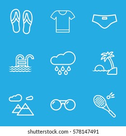Summer icon. Set of 9 Summer outline icons such as sunglasses, rain, pool ladder, island, mountain, flip flops, man swim wear, t-shirt
