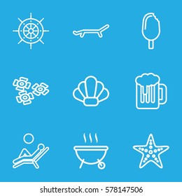 Summer icon. Set of 9 Summer outline icons such as sun, starfish, ice cream, man laying in the sun, helm, shell, flower, barbeque