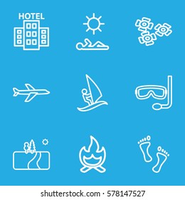 Summer icon. Set of 9 Summer outline icons such as man laying in sun, hotel, foot, aqualung, plane, bonfire, flower, surfing