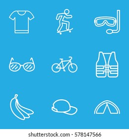 Summer icon. Set of 9 Summer outline icons such as sunglasses, banana, t-shirt, baseball cap, aqualung, life vest, tent, bicycle