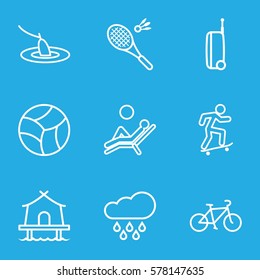 Summer icon. Set of 9 Summer outline icons such as rain, man laying in the sun, tent, beach ball, suitcase, badminton, fishing, bicycle