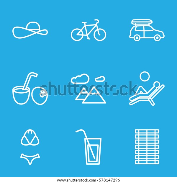 Summer icon. Set of 9 Summer outline icons\
such as cocktail, drink coconut, jalousie, man laying in the sun,\
mountain, swimsuit, sun hat,\
bicycle