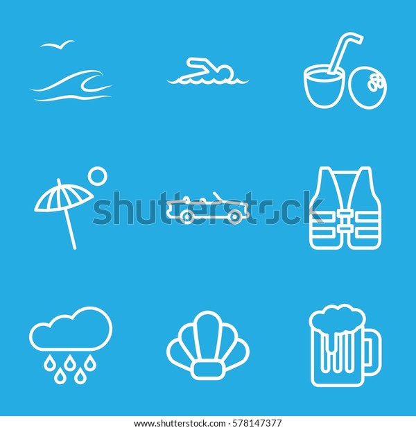 Summer icon. Set of 9 Summer outline icons such as\
drink coconut, umbrella, rain, swimmer, life vest, sea and gull,\
shell, car