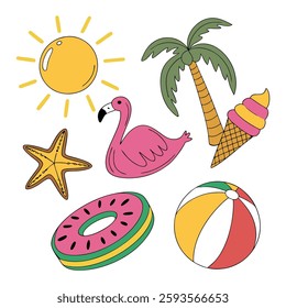 Summer Icon set, ball, beach, boat, camera, cartoon, cocktail, cream, drink, flamingo, fun, glasses, ice, palm etc.