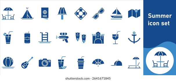Summer icon set, ball, jelly, watermelon, starfish, flip, pair, pineapple, flop, sign, simple, trip, sunglasses, cream, water, line, outline, flat, camera, boat, element and more