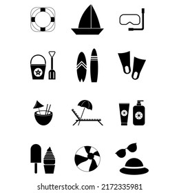 Summer icon set. Beach icon set in flat design. Vacation icon collection isolated on white background. Flat sign of sailboat, chaise longue, surfboard, flippers, cocktail. Vector illustration for web