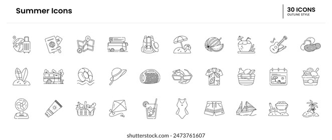 Summer Icon set. Summer, Icon, Beach, Sand, Sun, Waves, Umbrella, Palm trees, Sunglasses, Beach hat, Guitar, Ice cream, Water, Surfer, Surfboard. Vector outline icon illustration