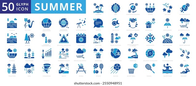 Summer icon set with beach, summer, soccer, spring, winter, calendar, autumn, sports, sunset, tennis, tropical, holiday, growth, quotes, fall, sunrise, picnic, weather, climate, culture, and season