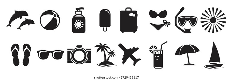 Conjunto de iconos de verano negro sobre un fondo blanco 