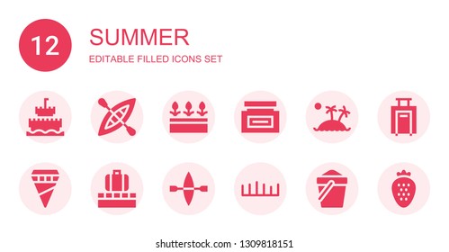 summer icon set. Collection of 12 filled summer icons included Sand castle, Kayak, Flowers, Cream, Island, Ice cream, Luggage, Grass, Sand, Strawberry