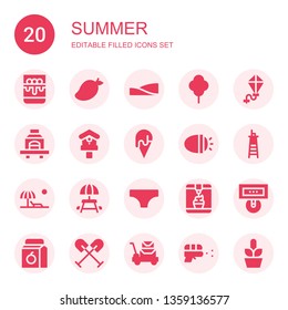 summer icon set. Collection of 20 filled summer icons included Panna cotta, Mango, Dunes, Tree, Kite, Barbecue, Birdhouse, Ice cream, Lights, Lifeguard, Beach, Picnic table, Bikini
