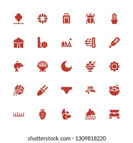 summer icon set. Collection of 25 filled summer icons included Picnic table, Dolphin, Banana, Strawberry, Grass, Coconut drink, Fisherman, Bikini, Corn, Volleyball, Brightness