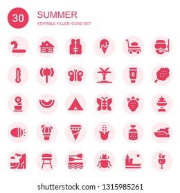 summer icon set. Collection of 30 filled summer icons included Inflatable, Cabin, Lifejacket, Ice cream, Lawn mower, Thermometer, Ax, Butterfly, Palm tree, Cream, Flower pot, Melon