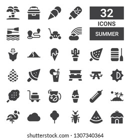 summer icon set. Collection of 32 filled summer icons included Tent, Watermelon, Insect, Tree, Icloud, Flamingo, Island, Thermometer, Ice cream, Juice, Luggage, Cotton candy, Brightness