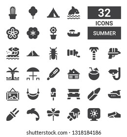 summer icon set. Collection of 32 filled summer icons included Dunes, Brightness, Ice cream, Dragonfly, Dolphin, Corn, Yacht, Picnic table, Hammock, Landscape, Dive, Coconut, Cabin