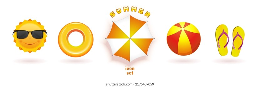 Summer icon set. A collection of bright colored icons on the topic of summer vacation. Vector illustration