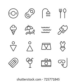 Summer icon set. Collection of high quality outline holiday pictograms in modern flat style. Black beach symbol for web design and mobile app on white background. Water park line logo.