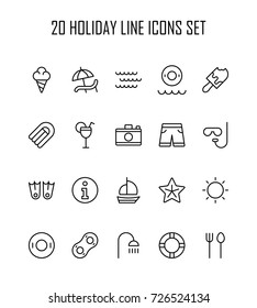 Summer icon set. Collection of high quality outline holiday pictograms in modern flat style. Black beach symbol for web design and mobile app on white background. Water park line logo.