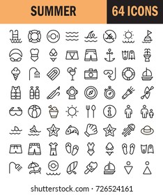 Summer icon set. Collection of high quality outline holiday pictograms in modern flat style. Black beach symbol for web design and mobile app on white background. Water park line logo.