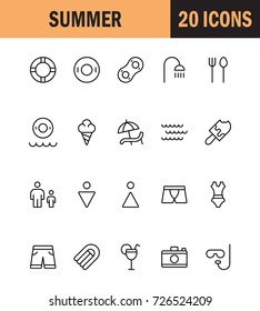 Summer icon set. Collection of high quality outline holiday pictograms in modern flat style. Black beach symbol for web design and mobile app on white background. Water park line logo.