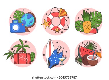 Summer icon set. Collection of images with things for vacation, travel, tropical food. Graphic elements for travel company website. Cartoon flat vector illustration isolated on white background