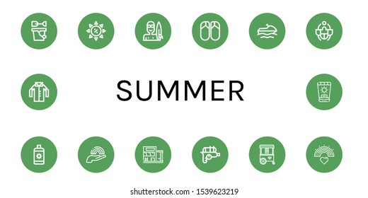 summer icon set. Collection of Sand bucket, Summer sale, Surfer, Flips flops, Jet ski, Beetle, Sun cream, Rainbow, Swimming pool, Water gun, Ice cream cart, Shirt, Sunscreen icons
