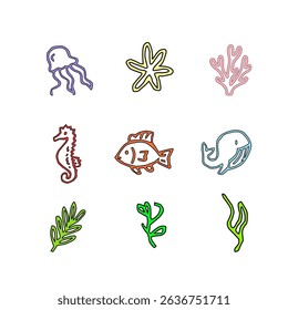 Summer icon set. Colorful hand-drawn vector. Tropical beach elements. Fun vacation and holiday doodles. Flat cartoon style. Bright summer illustration pack. Editable EPS file. Summer vibes clipart.