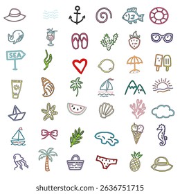 Summer icon set. Colorful hand-drawn vector. Tropical beach elements. Fun vacation and holiday doodles. Flat cartoon style. Bright summer illustration pack. Editable EPS file. Summer vibes clipart.