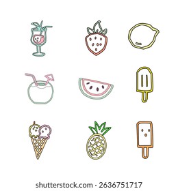 Summer icon set. Colorful hand-drawn vector. Tropical beach elements. Fun vacation and holiday doodles. Flat cartoon style. Bright summer illustration pack. Editable EPS file. Summer vibes clipart.