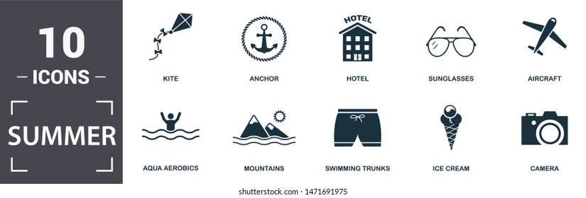 Summer icon set. Contain filled flat camera, sunglasses, aircraft, hotel, swimming trunks, ice cream icons. Editable format.