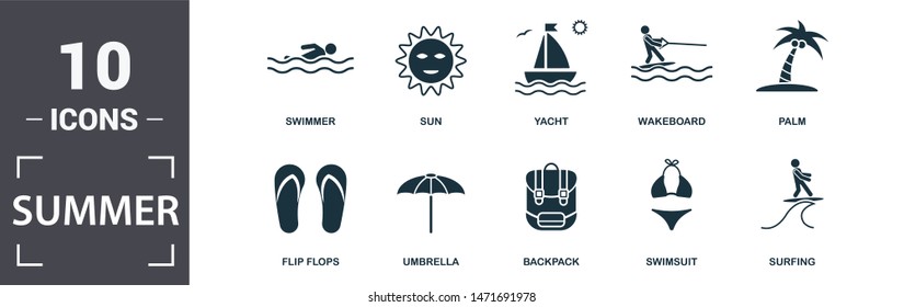 Summer icon set. Contain filled flat sun, umbrella, flip flops, palm, backpack, yacht, swimmer, wakeboard icons. Editable format.