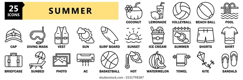 Summer icon set. Containing nature, vacation, holiday, beach, sunny and more. Solid vector icons collection