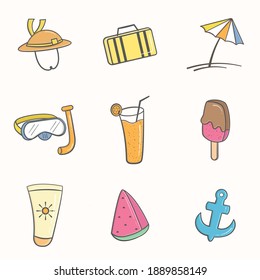 summer icon set of doodle, hat, ice cream, watermelon, sun cream, juice, diving goggles, anchor, suitcase, umbrella. graphic design