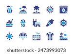 Summer icon set. Duotone color. Vector illustration. Containing sun, summer, swimmingsuit, coconutdrink, icecream, sunumbrella, palmtree, shirt, beach, beachumbrella, beachvolleyball.