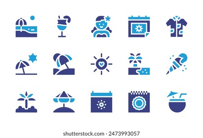 Summer icon set. Duotone color. Vector illustration. Containing coconutdrink, vacation, summer, sunumbrella, palmtree, cocktail, beach, shirt, icecream, calendar, sun, hawaiian.