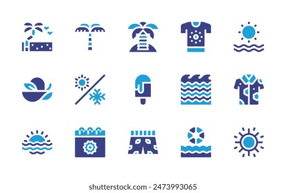 Summer icon set. Duotone color. Vector illustration. Containing season, sunset, summer, shirt, tshirt, sun, seawaves, pamelahat, icepop, beach, swimmingtrunks, palmtree, beachball, island.