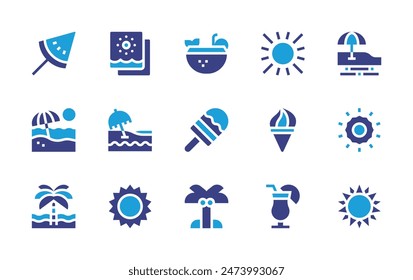 Summer icon set. Duotone color. Vector illustration. Containing icepop, summer, watermelon, picture, beach, sun, cocktail, palmtree, icecream.