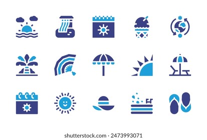 Summer icon set. Duotone color. Vector illustration. Containing flipflops, summer, sunumbrella, extremeweather, sunset, sun, fan, palmtree, inflatablepool, icecream, pamelahat, calendar, waterslide.