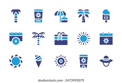 Summer icon set. Duotone color. Vector illustration. Containing sunhat, holidays, summers, suncream, icecream, palmtree, sun, pool, sunlotion, calendar.