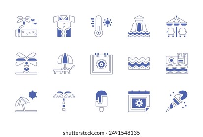 Summer icon set. Duotone style line stroke and bold. Vector illustration. Containing summer, sea, aquapark, icepop, sunbathing, hightemperature, icecream, swimmingpool.