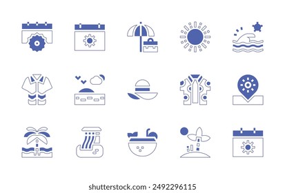 Conjunto de iconos de verano. Trazo de línea de estilo duotono y negrita. Ilustración vectorial. Conteniendo vacaciones, ubicación, cóctel, sol, natación, pamelahat, camisa, calendario, playa.