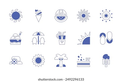 Summer icon set. Duotone style line stroke and bold. Vector illustration. Containing flipflops, icecream, sun, vacations, palmtree, cocktail, watermelon, inflatablepool.