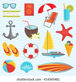 Summer icon set with equipment for a tourist who is traveling and relaxing on vacation vector illustration