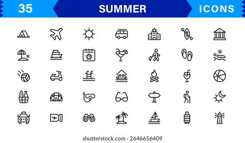 Summer Icon Set Featuring Beach, Sun, Vacation, Travel, and Fun Activities in a Fresh, Minimalist, and SEO-Friendly Vector Design