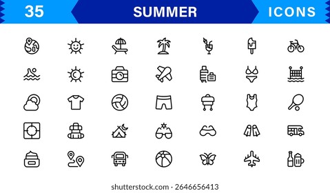Summer Icon Set Featuring Beach, Sun, Vacation, Travel, and Fun Activities in a Fresh, Minimalist, and SEO-Friendly Vector Design