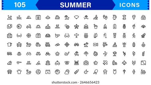 Summer Icon Set Featuring Beach, Sun, Vacation, Travel, and Fun Activities in a Fresh, Minimalist, and SEO-Friendly Vector Design